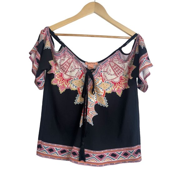 Flying Tomato Aztec tribal cold shoulder off cut out blouse top tie front size S - Picture 3 of 8